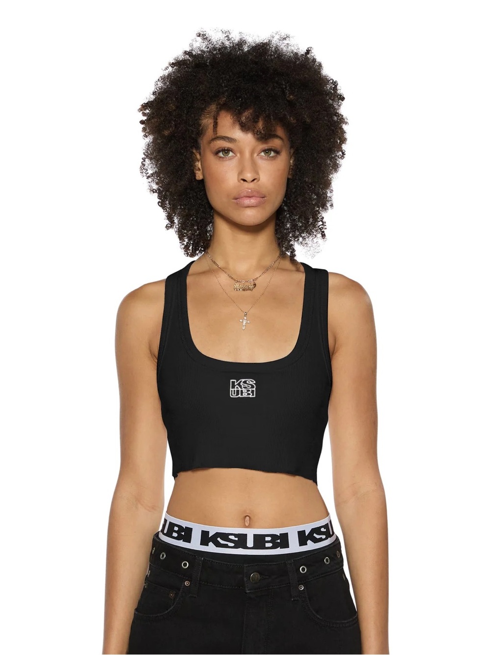 KSUBI Black Ribbed Stacked Crop Tank with Logo